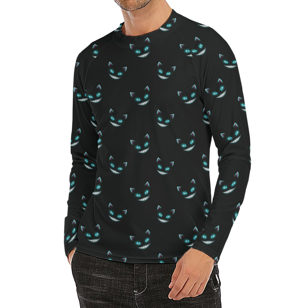 Black Cheshire Cat Pattern Print Men's Long Sleeve Rash Guard