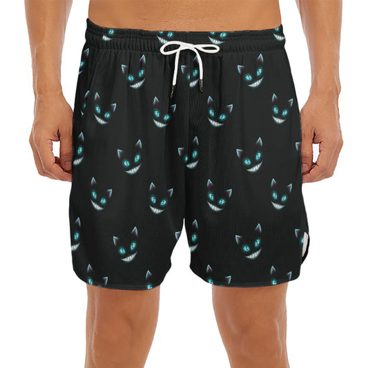 Black Cheshire Cat Pattern Print Men's Split Running Shorts