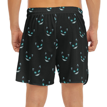 Black Cheshire Cat Pattern Print Men's Split Running Shorts