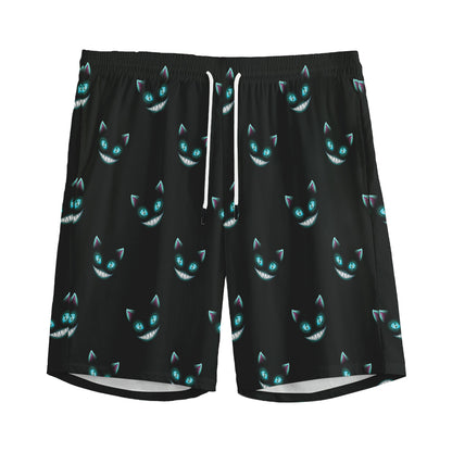 Black Cheshire Cat Pattern Print Men's Sports Shorts