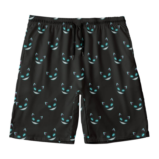 Black Cheshire Cat Pattern Print Men's Swim Trunks