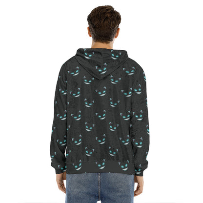 Black Cheshire Cat Pattern Print Men's Velvet Pullover Hoodie