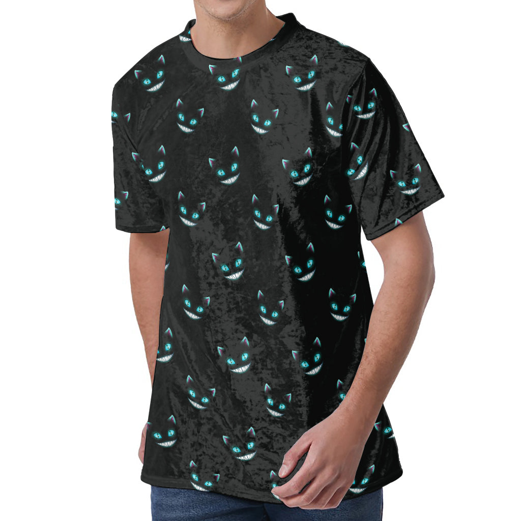 Black Cheshire Cat Pattern Print Men's Velvet T-Shirt