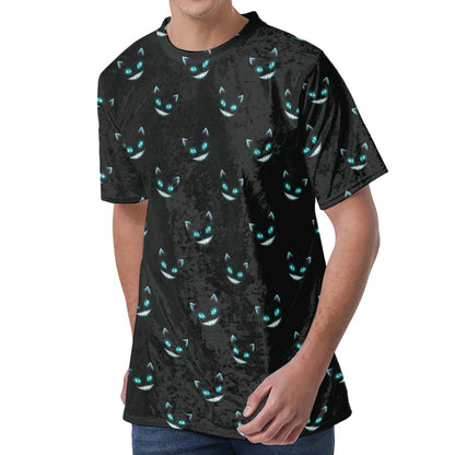 Black Cheshire Cat Pattern Print Men's Velvet T-Shirt