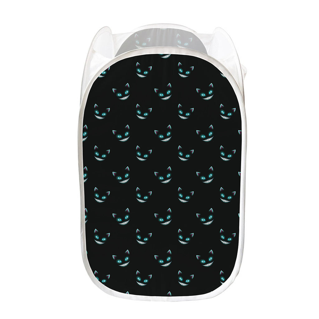 Black Cheshire Cat Pattern Print Mesh Laundry Hamper