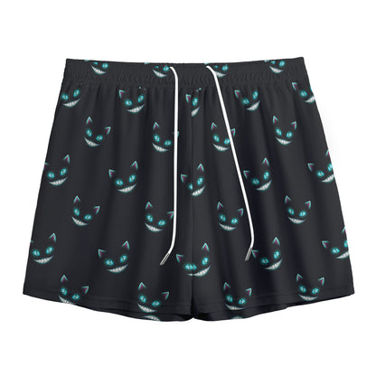 Black Cheshire Cat Pattern Print Mesh Shorts
