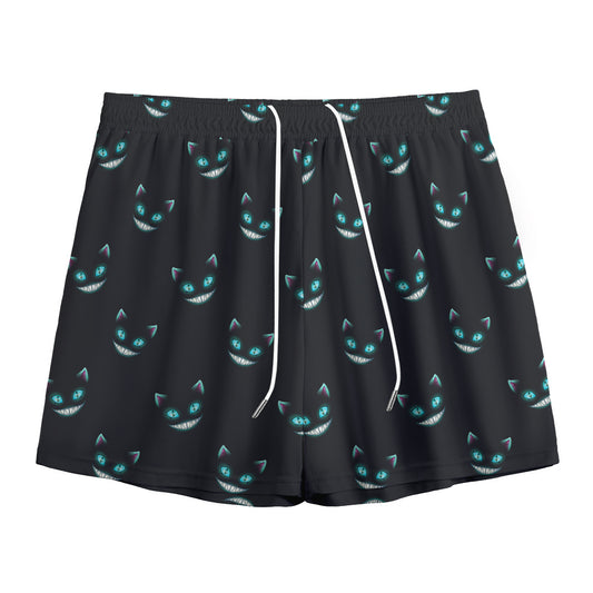 Black Cheshire Cat Pattern Print Mesh Shorts