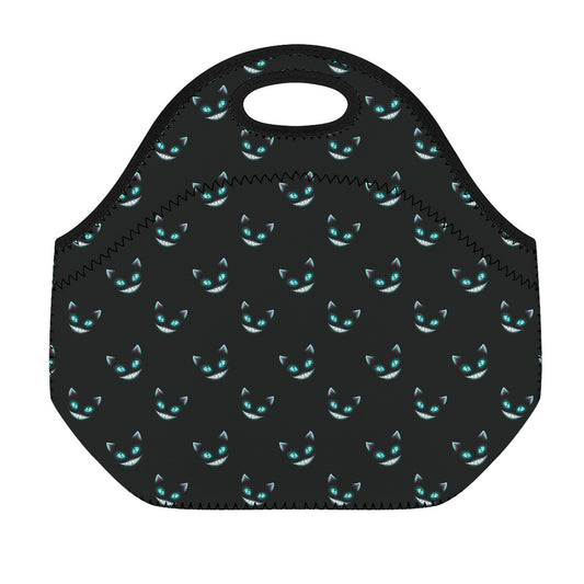 Black Cheshire Cat Pattern Print Neoprene Lunch Bag