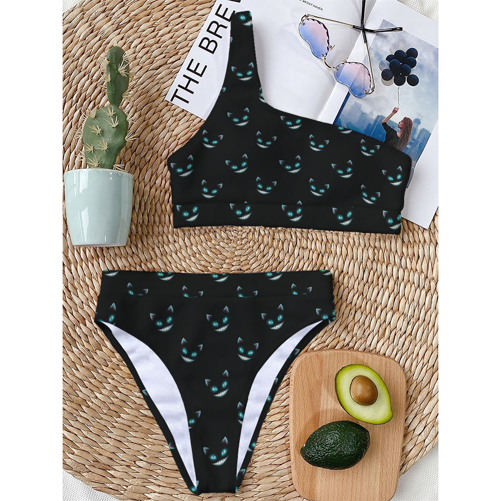 Black Cheshire Cat Pattern Print One Shoulder Bikini Top