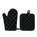 Black Cheshire Cat Pattern Print Oven Mitt And Pot Holder Set