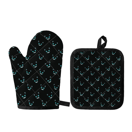 Black Cheshire Cat Pattern Print Oven Mitt And Pot Holder Set