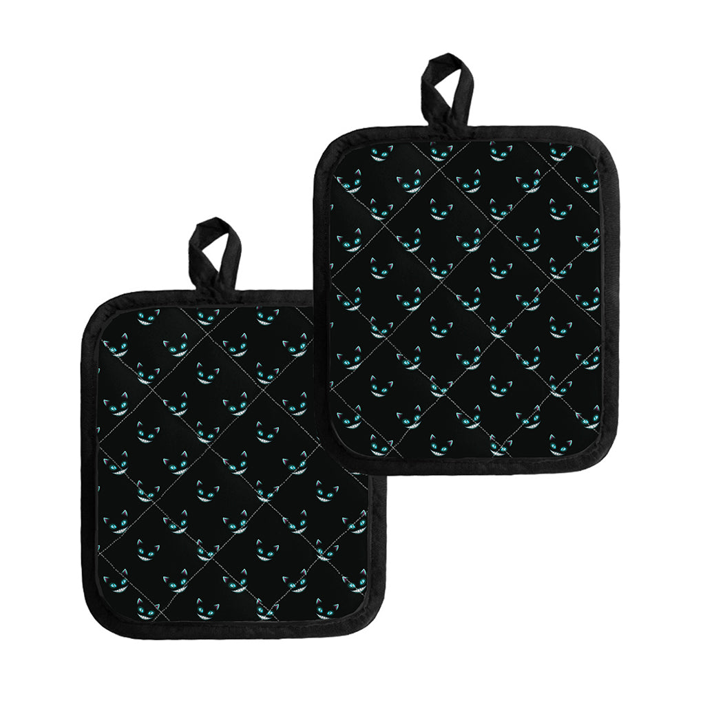 Black Cheshire Cat Pattern Print Pot Holders
