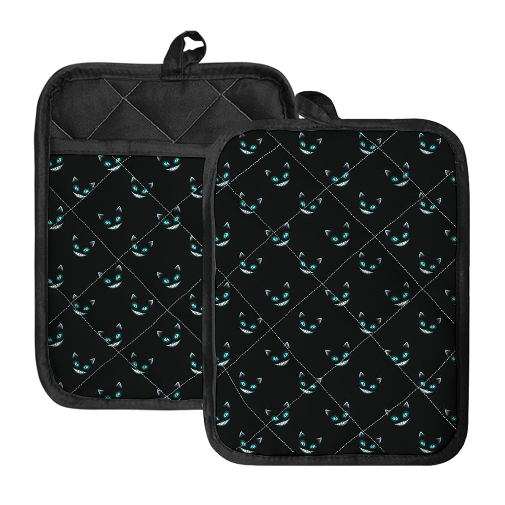 Black Cheshire Cat Pattern Print Pot Holders With Pocket