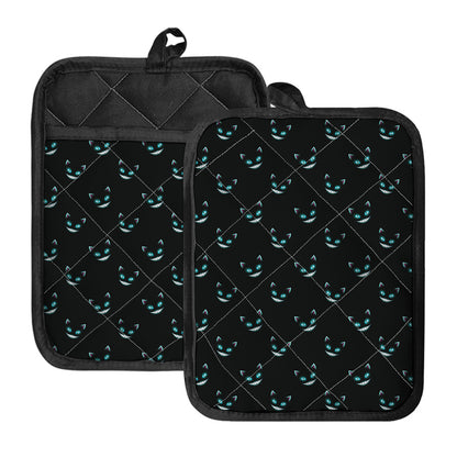 Black Cheshire Cat Pattern Print Pot Holders With Pocket