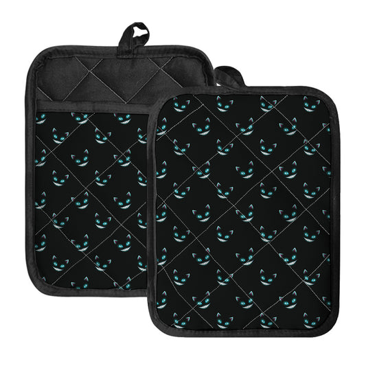 Black Cheshire Cat Pattern Print Pot Holders With Pocket
