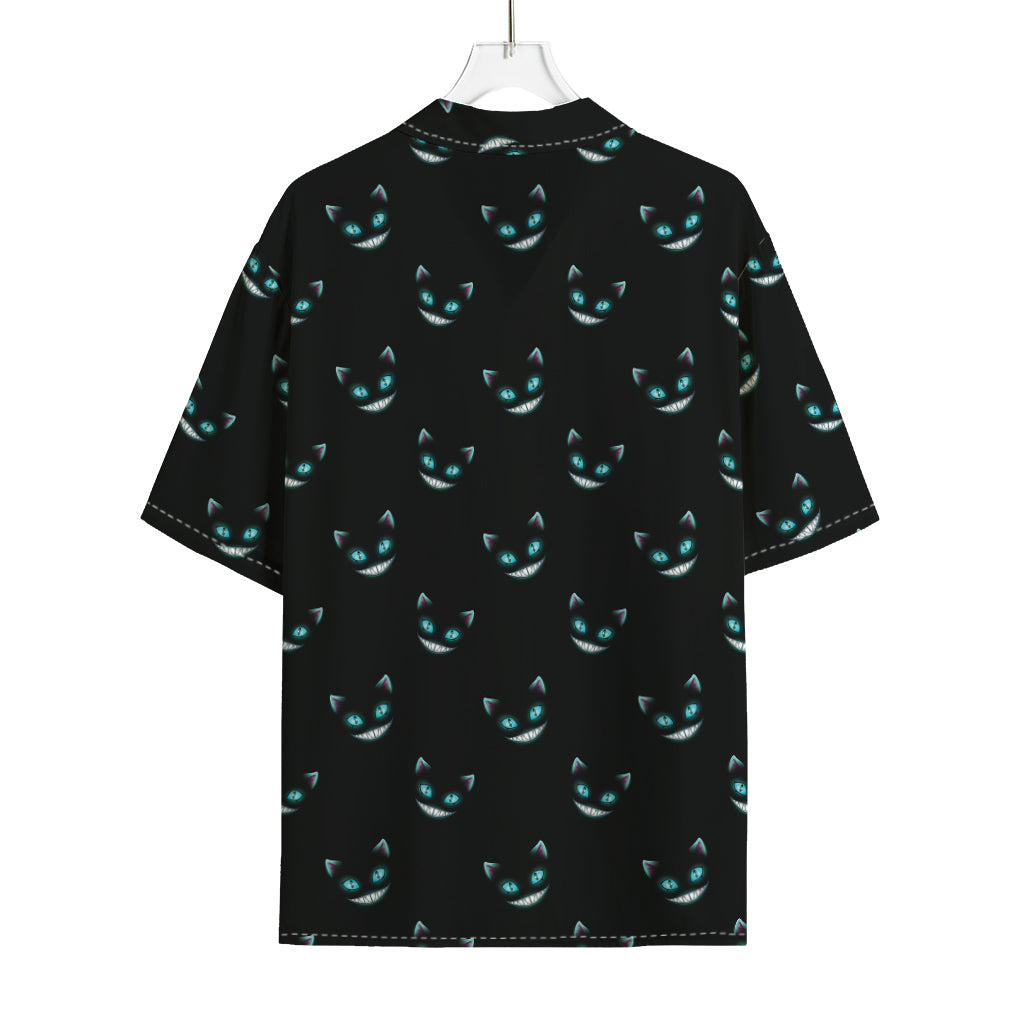 Black Cheshire Cat Pattern Print Rayon Hawaiian Shirt