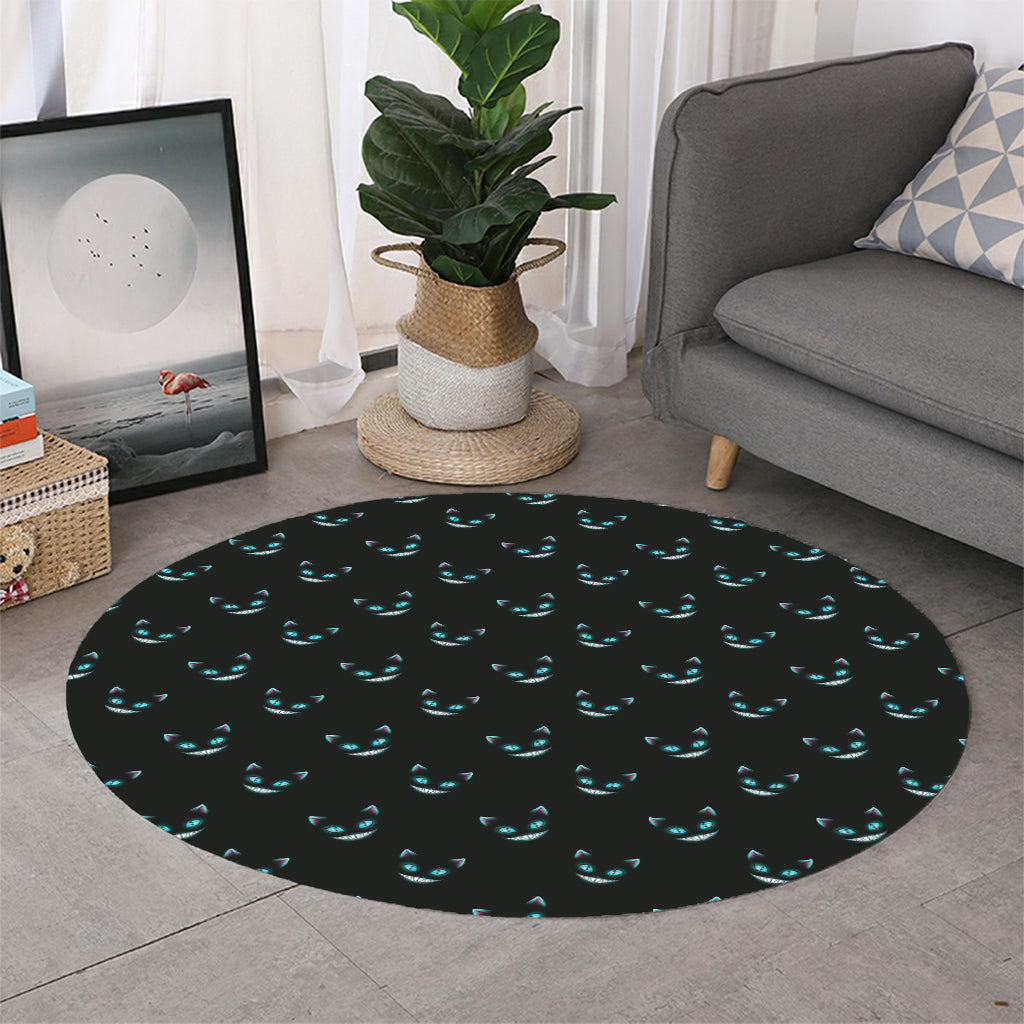 Black Cheshire Cat Pattern Print Round Rug