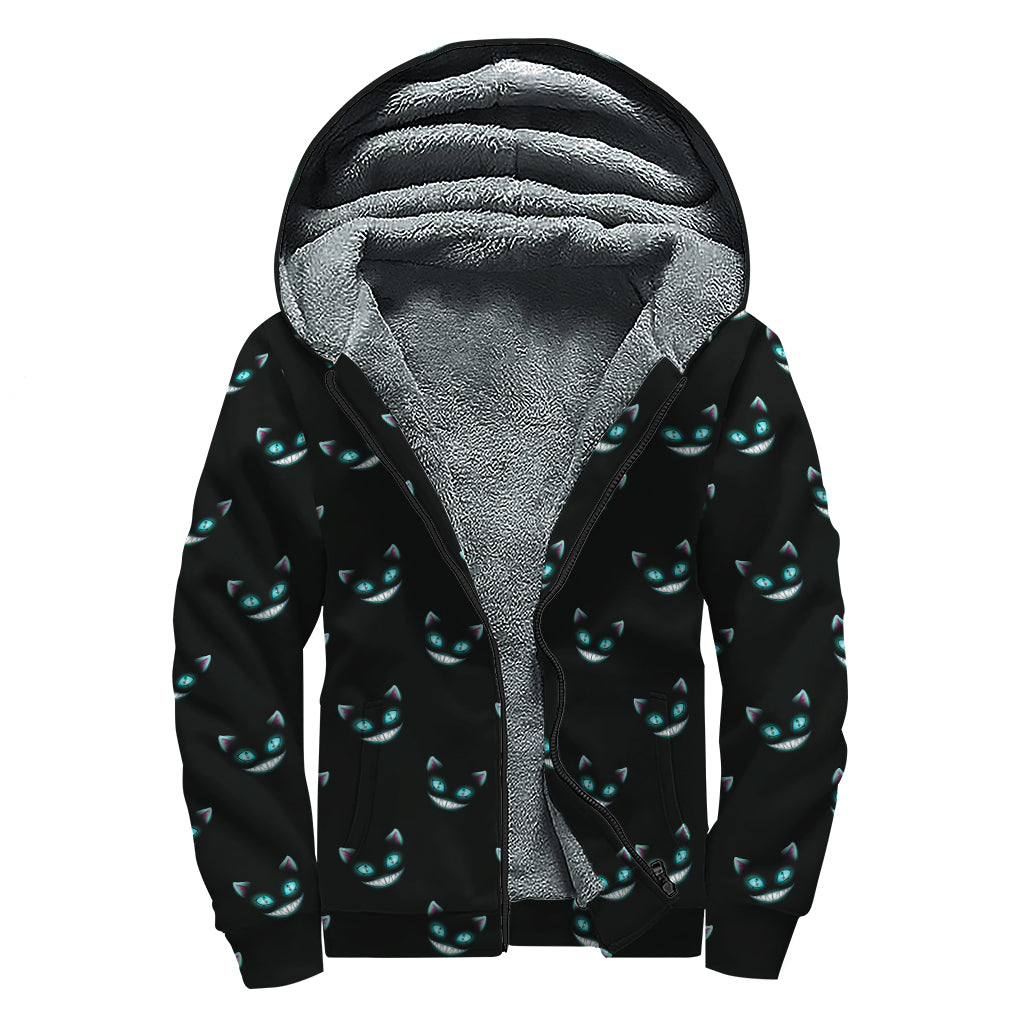 Black Cheshire Cat Pattern Print Sherpa Lined Zip Up Hoodie