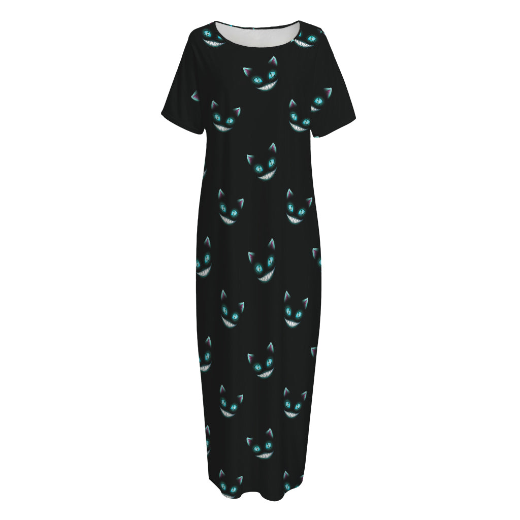 Black Cheshire Cat Pattern Print Short Sleeve Long Nightdress