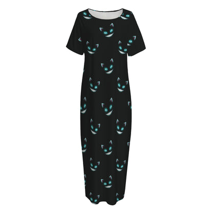 Black Cheshire Cat Pattern Print Short Sleeve Long Nightdress