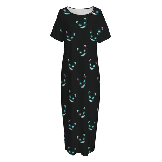 Black Cheshire Cat Pattern Print Short Sleeve Long Nightdress