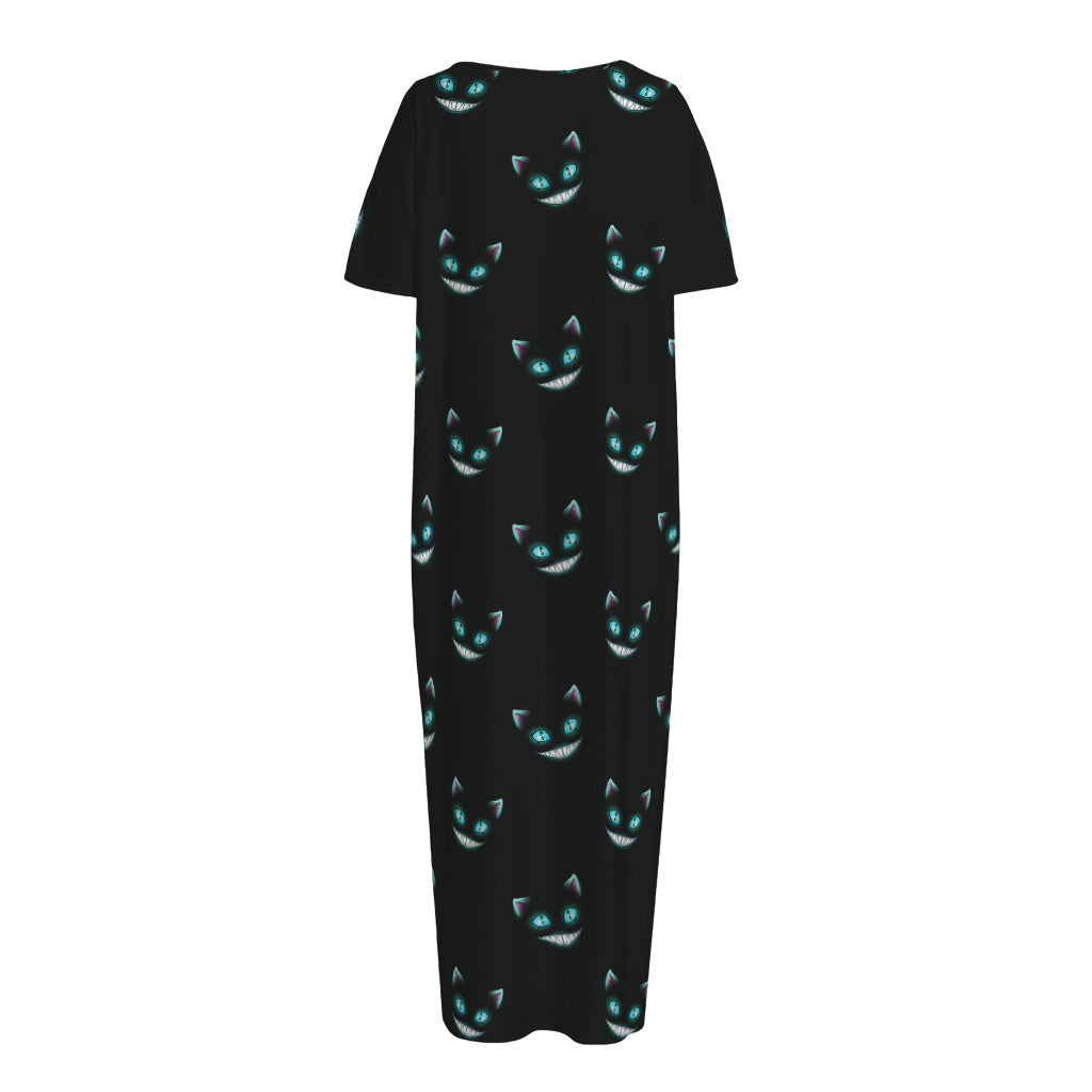 Black Cheshire Cat Pattern Print Short Sleeve Long Nightdress