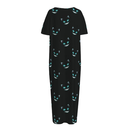Black Cheshire Cat Pattern Print Short Sleeve Long Nightdress