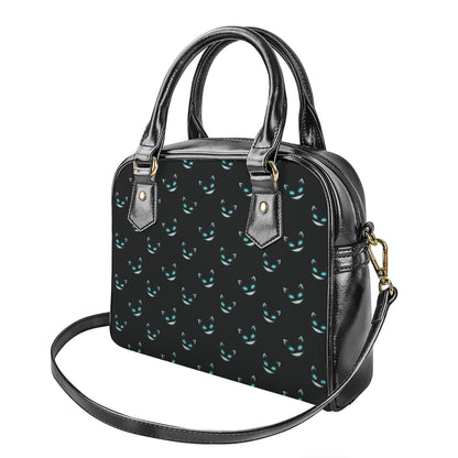 Black Cheshire Cat Pattern Print Shoulder Handbag