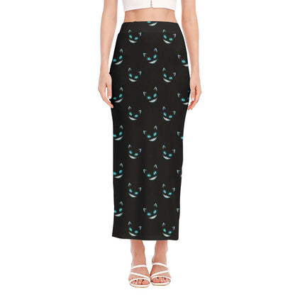 Black Cheshire Cat Pattern Print Side Slit Maxi Skirt