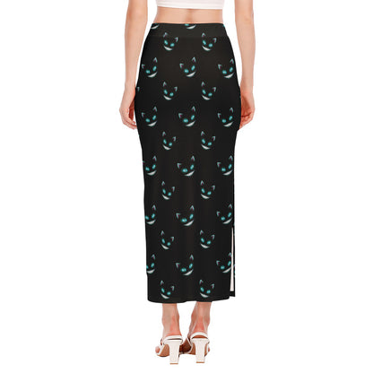 Black Cheshire Cat Pattern Print Side Slit Maxi Skirt
