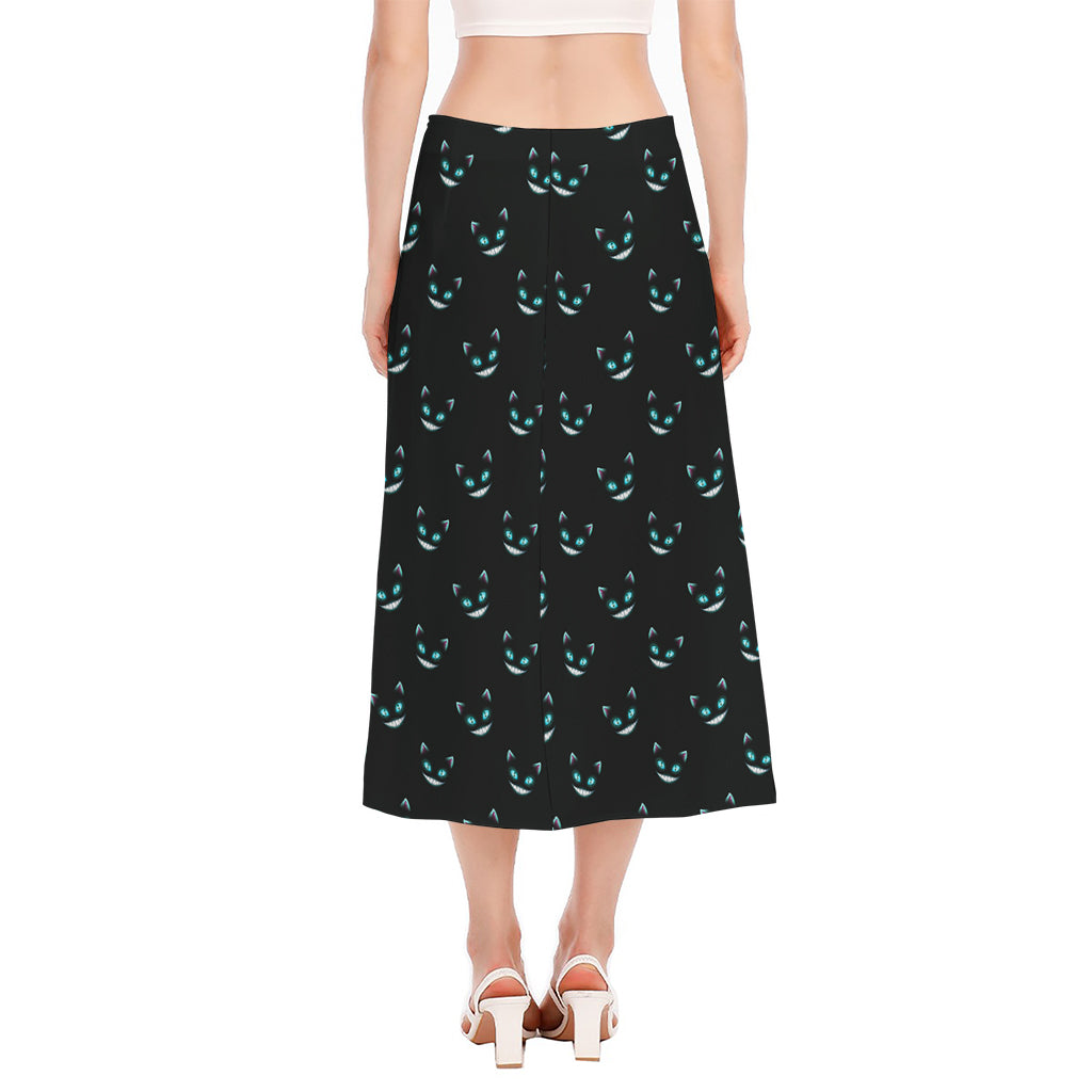 Black Cheshire Cat Pattern Print Side Slit Midi Skirt
