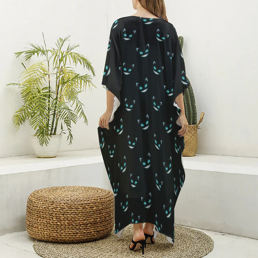 Black Cheshire Cat Pattern Print Silk V-Neck Kaftan Dress