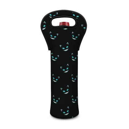 Black Cheshire Cat Pattern Print Single Neoprene Wine Tote