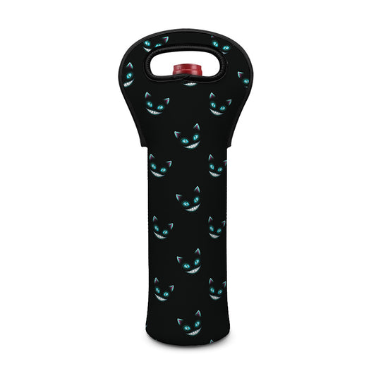 Black Cheshire Cat Pattern Print Single Neoprene Wine Tote