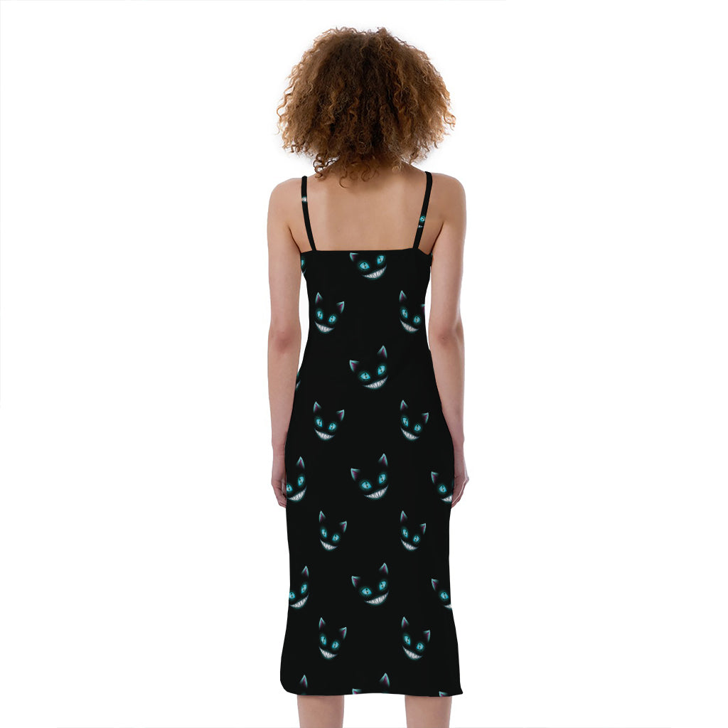 Black Cheshire Cat Pattern Print Slim Fit Midi Cami Dress