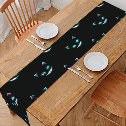 Black Cheshire Cat Pattern Print Table Runner
