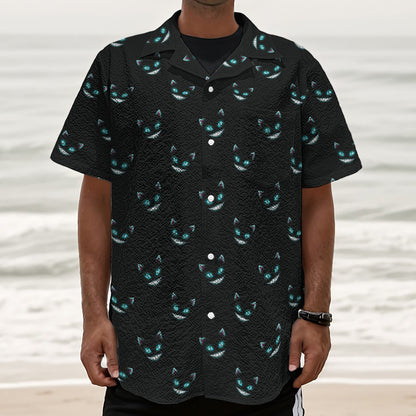 Black Cheshire Cat Pattern Print Textured Short Sleeve Shirt