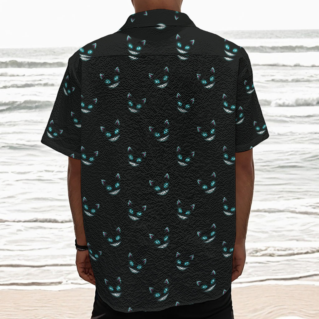 Black Cheshire Cat Pattern Print Textured Short Sleeve Shirt