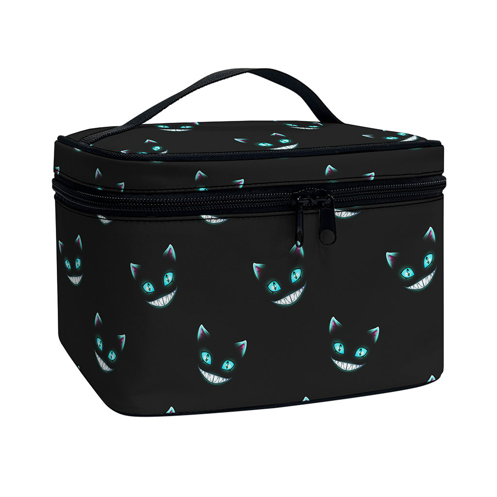 Black Cheshire Cat Pattern Print Travel Makeup Bag