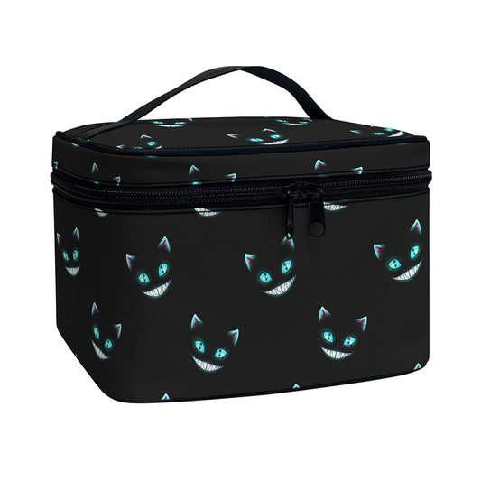 Black Cheshire Cat Pattern Print Travel Makeup Bag