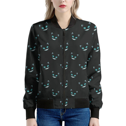 Black Cheshire Cat Pattern Print Women's Bomber Jacket