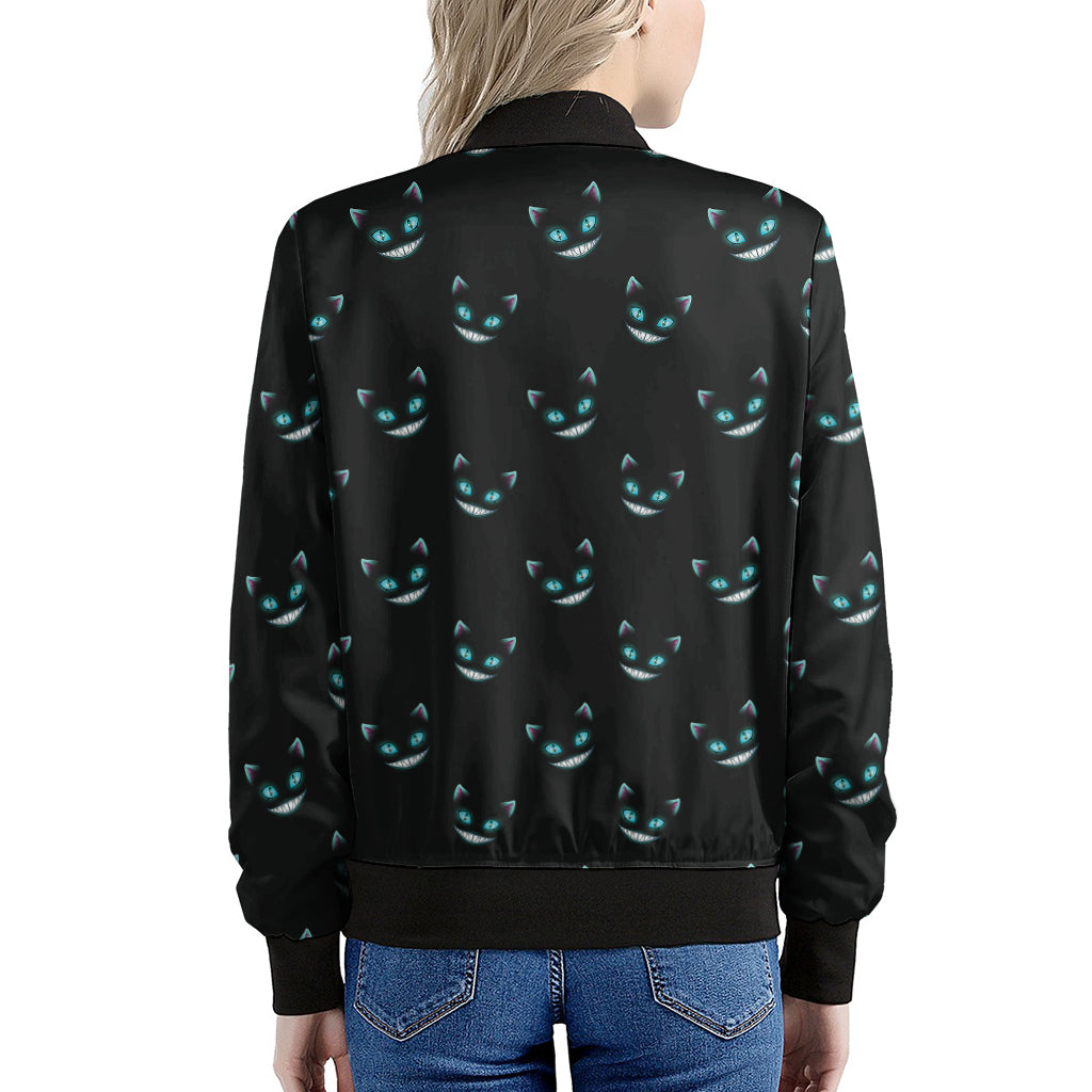 Black Cheshire Cat Pattern Print Women's Bomber Jacket