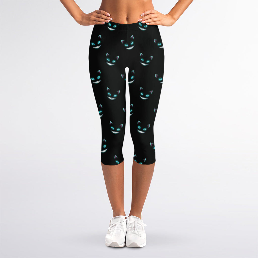 Black Cheshire Cat Pattern Print Women's Capri Leggings