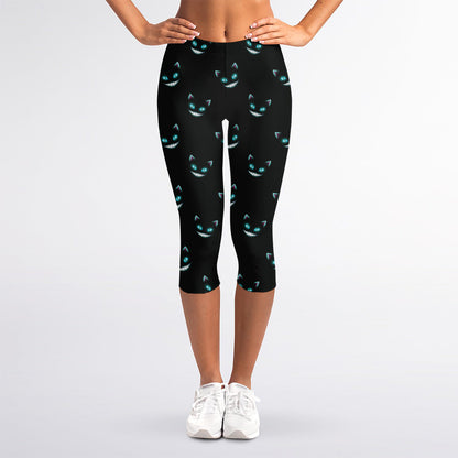 Black Cheshire Cat Pattern Print Women's Capri Leggings
