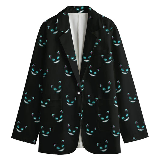 Black Cheshire Cat Pattern Print Women's Cotton Blazer