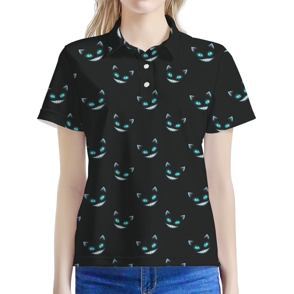Black Cheshire Cat Pattern Print Women's Polo Shirt