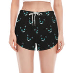 Black Cheshire Cat Pattern Print Women's Split Running Shorts