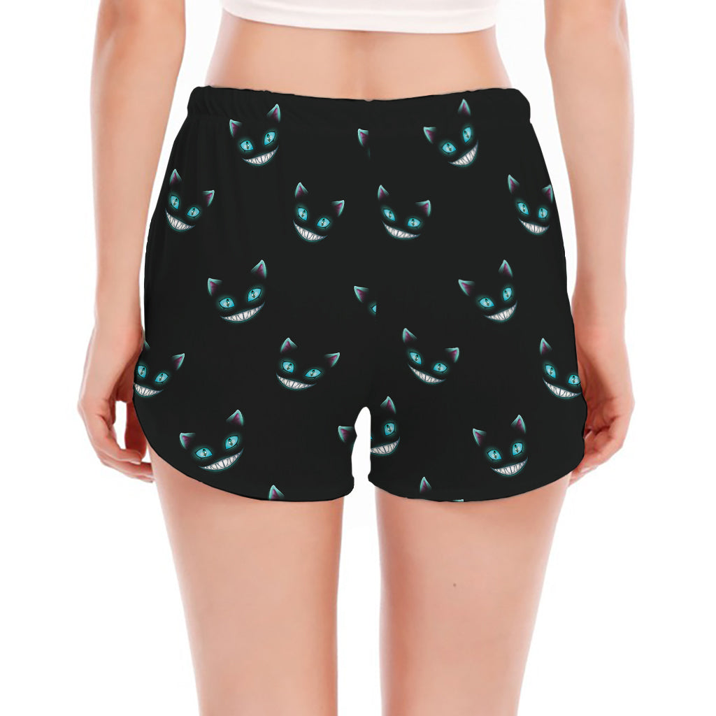 Black Cheshire Cat Pattern Print Women's Split Running Shorts