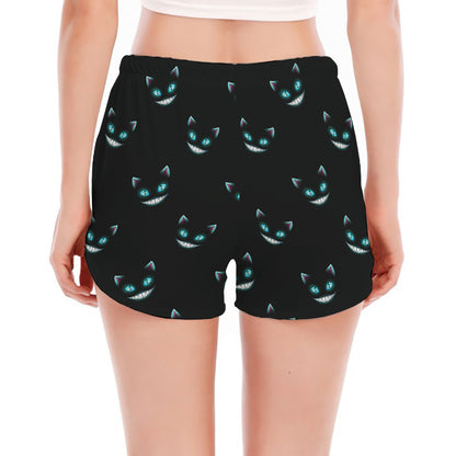 Black Cheshire Cat Pattern Print Women's Split Running Shorts