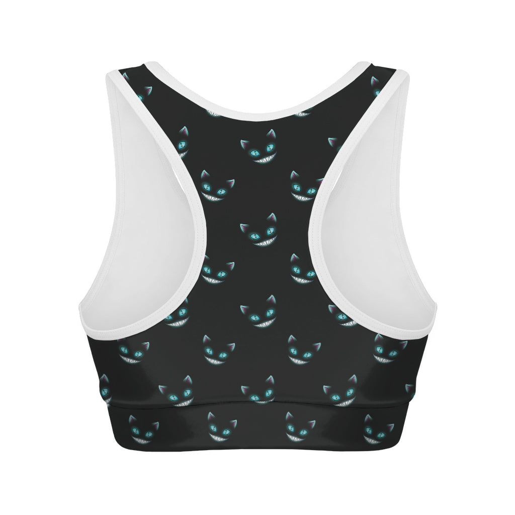 Black Cheshire Cat Pattern Print Women's Sports Bra